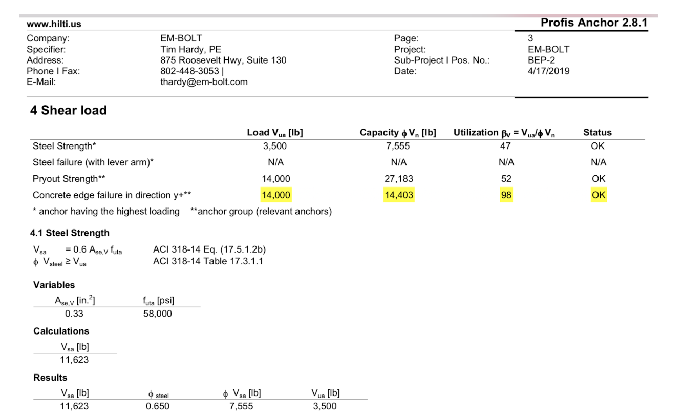 EMBOLT Embed Plate Design Using HILTI Profis™ Software Analysis